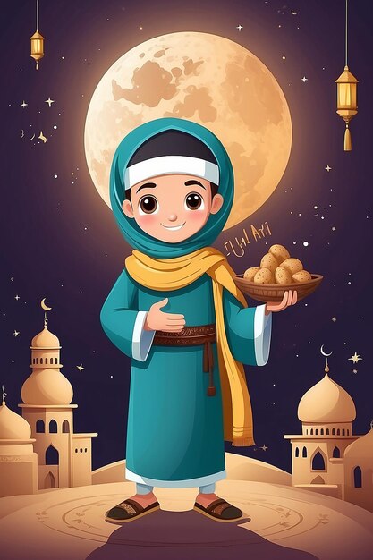 Flat Eid al-Fitr en Eid Mubarak illustratie