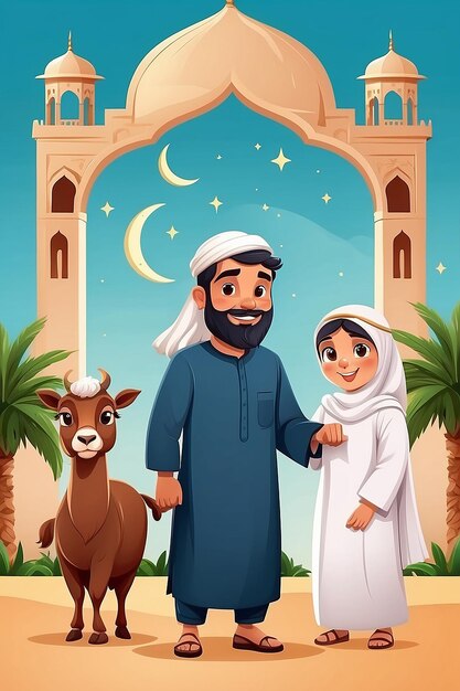 Flat Eid alAdha illustratie met mensen en dieren