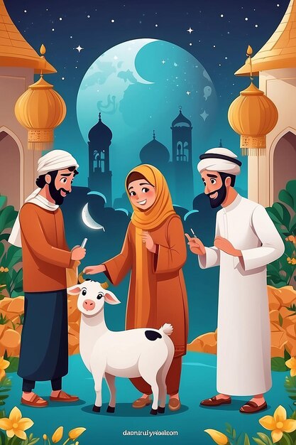 Flat Eid alAdha illustratie met mensen en dieren