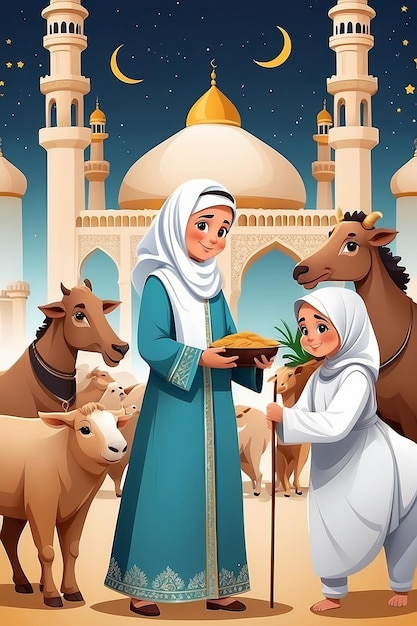 Flat Eid alAdha illustratie met mensen en dieren