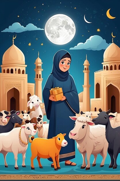 Flat Eid alAdha Illustration with People and Animal