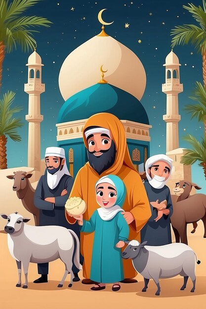 Flat Eid alAdha Illustration with People and Animals