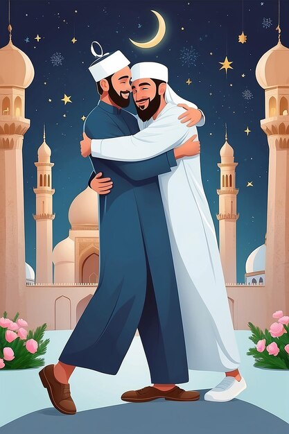 Flat Eid alFitr Illustration with Men Hugging