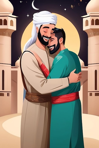 Flat Eid alFitr Illustration with Men Hugging