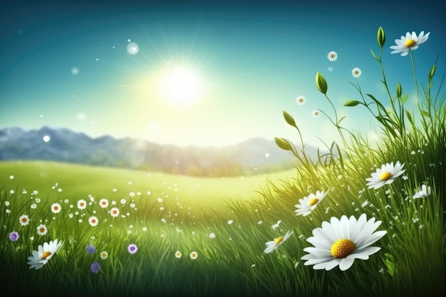 Flat empty flower meadow in spring with sun on grass created with generative ai