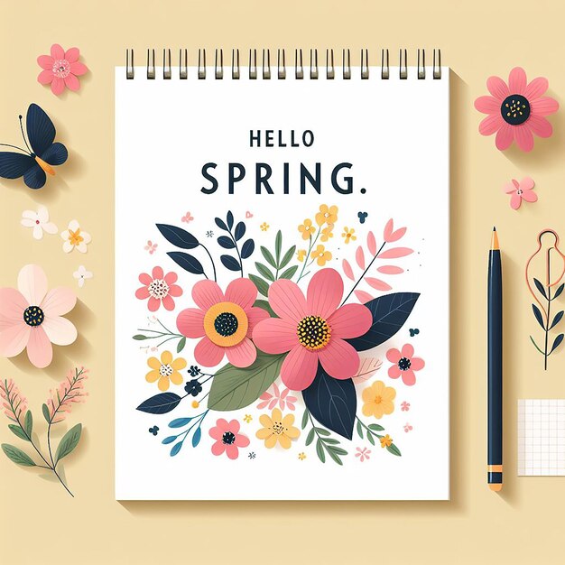 Flat flower background with slogan Hello Spring