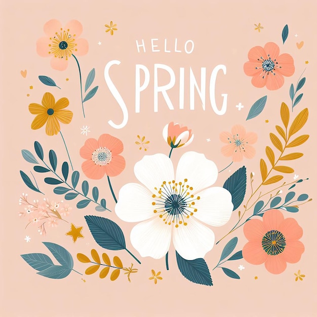 フラットな花の背景にスローガン"Hello Spring"が描かれています