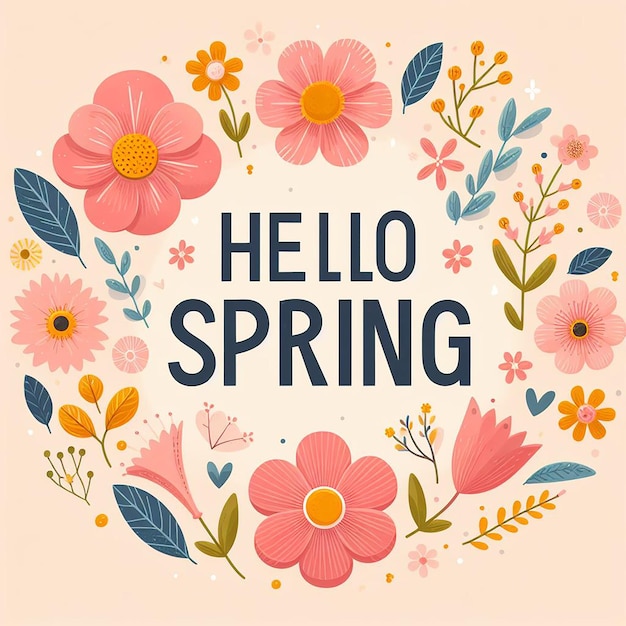Flat flower background with slogan Hello Spring