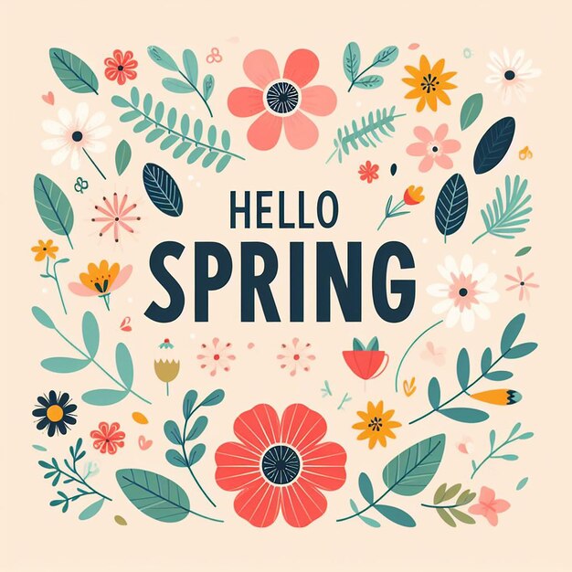 Плоский цветочный фон с лозунгом "Привет, весна"