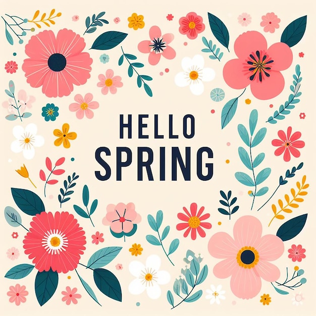 フラットな花の背景にスローガン"Hello Spring"が描かれています