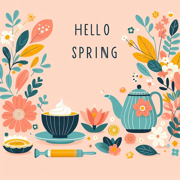 フラットな花の背景にスローガン"Hello Spring"が描かれています