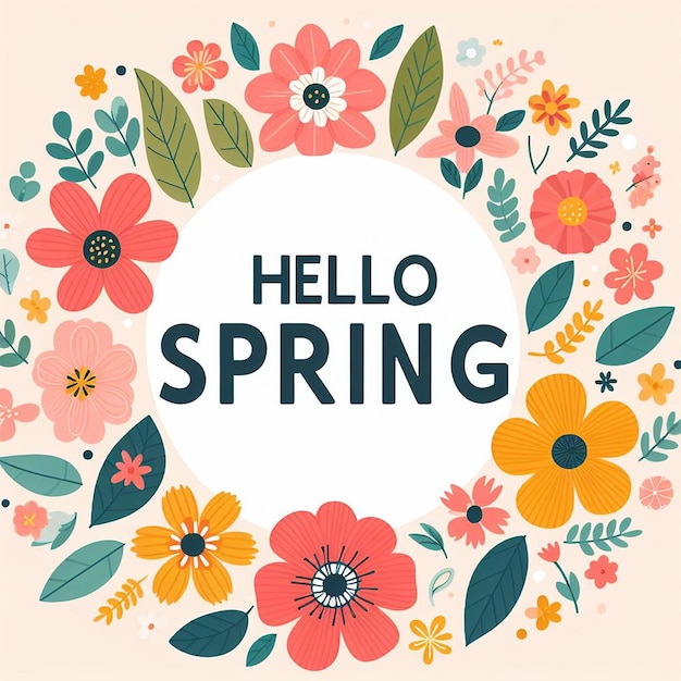 フラットな花の背景にスローガン"Hello Spring"が描かれています