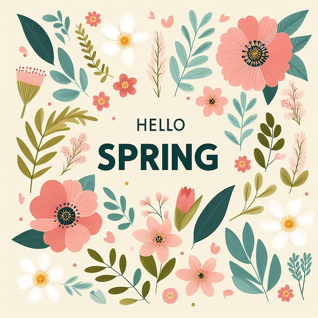 Photo flat flower background with slogan hello spring