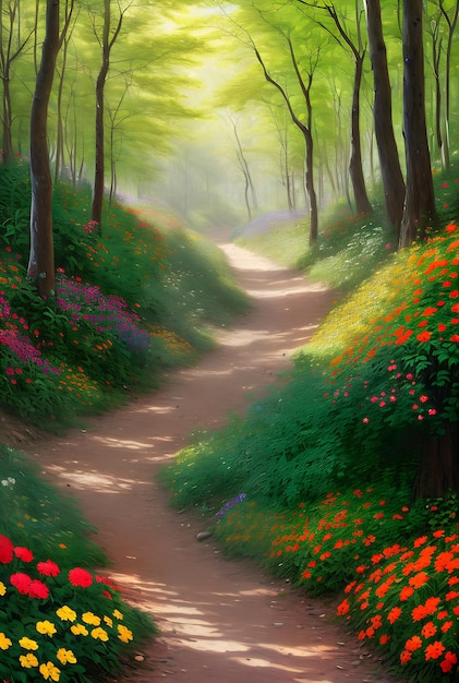 Flat footpath through forest neon flowers