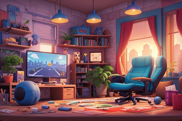 Flat gamer room illustration