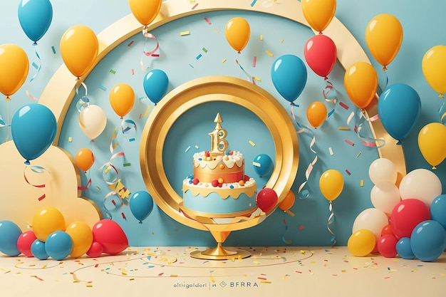 Flat golden circle and balloons birthday background