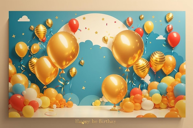 Flat golden circle and balloons birthday background