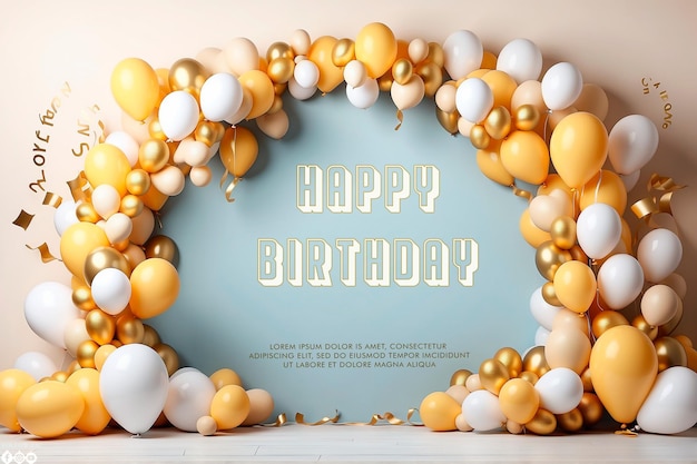 Flat golden circle and balloons birthday background