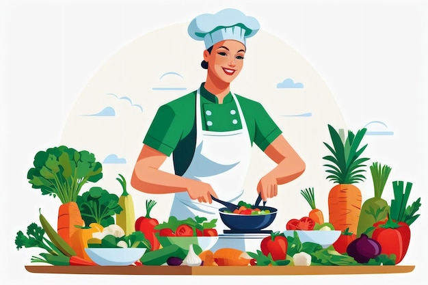 Flat graphic illustration of a chef cooking a meal with fresh vegetables in the background