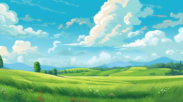 Flat grassland with blue sky and clouds