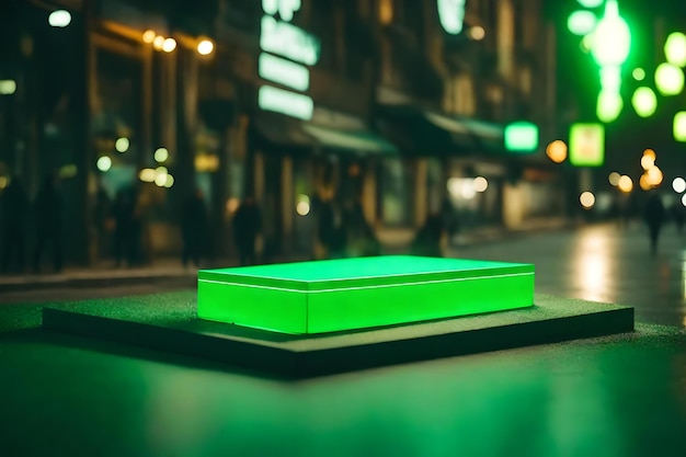 Flat green plastic cosmetic podium scenery with glowing ember in the street hyperrealistic materials