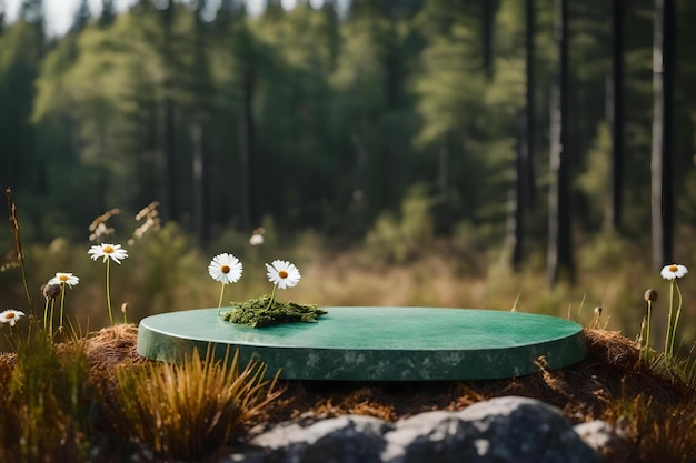 Flat green stone podium scenery with dried daisy in the forest beautiful materials