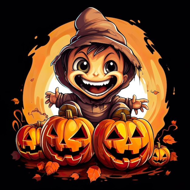 Flat Halloween cute pumpkin illustration dark background ai generated