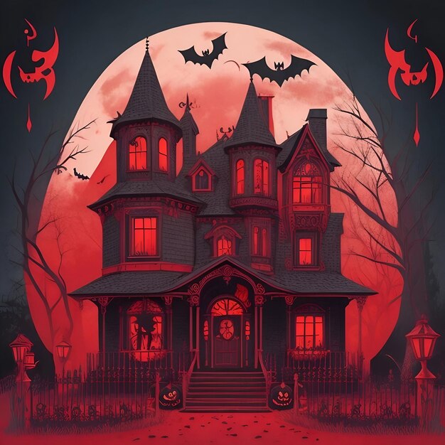 Flat halloween house with redblack background