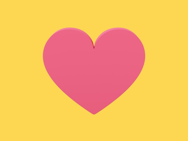 Flat heart Red single color Symbol of love On a monochrome yellow background Front view 3d rendering