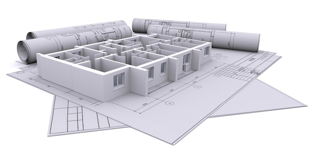 Квартира дома на печатном чертеже 3d-рендеринга на белом фоне