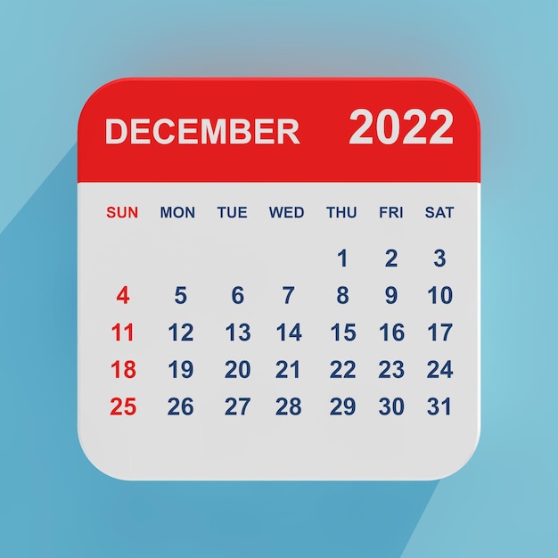 평면 아이콘 달력 2022년 12월 3d 렌더링