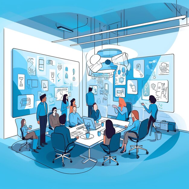 Flat illustration of an agency team presenting design ideas to a client neutral colors