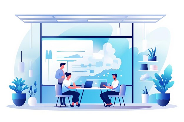 Flat illustration of an agency team presenting design ideas to a client neutral colors