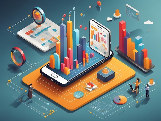 Flat illustration of Application of Smartphone with business graph and analytics data on isometric