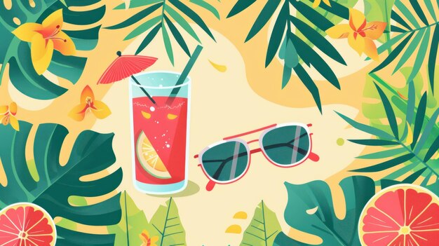 Photo flat illustration a beach scene with a straw in a glass of orange juice
