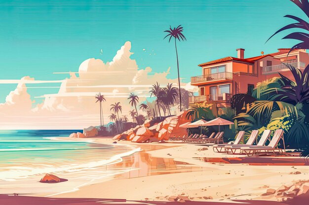 Flat illustration of a beach on a sunny day Conceptual artwork on holidays and travel