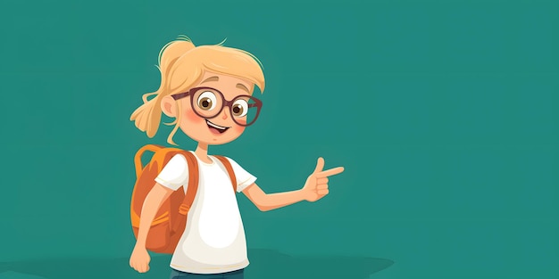 a flat illustration a beautiful girl with blond hairglasses and backpack a student smiling and pointing her finger to side on a green backgroundconcept of school educational materialscopy space