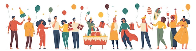 생일 파티의 평평한 일러스트레이션 일부 케이크와 선물 상자를 들고 큰 케이크 앞에서 축하하는 행복한 얼굴