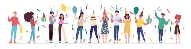 大きなケーキの前で祝う幸せな顔のケーキとギフトボックスを持った誕生日パーティーの人々のフラットイラスト