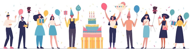 생일 파티의 평평한 일러스트레이션 일부 케이크와 선물 상자를 들고 큰 케이크 앞에서 축하하는 행복한 얼굴