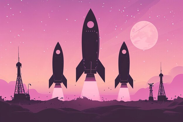 A flat illustration of black rocket silhouettes against a lavender background with oil derricks in the distance