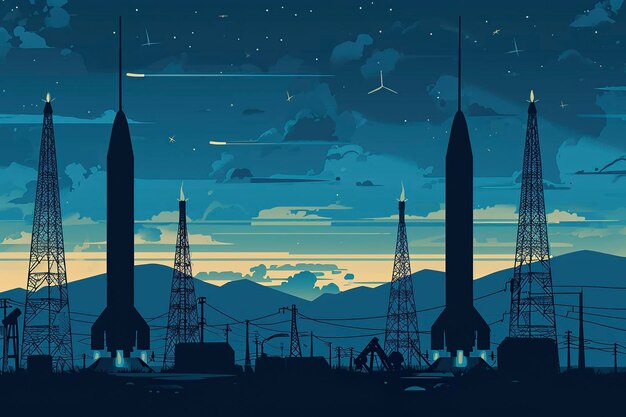 A flat illustration of black rocket silhouettes against a navy blue background