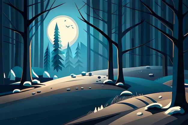 Flat illustration of a blue night ice forest and night light through the trees A moment to rest and enjoy the nature beauty