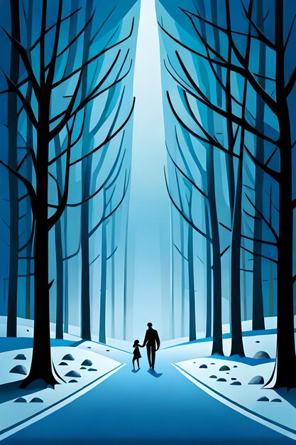 Flat illustration of a blue night ice forest and night light through the trees