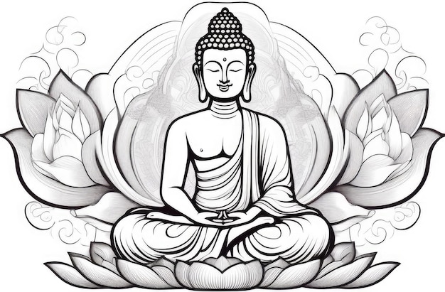 Foto illustrazione piatta della statua di buddha in posizione di loto meditazione consapevolezza e spiritualità