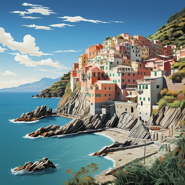 Плоская иллюстрация cinque terre Италия с удивительным искусством, созданным искусственным интеллектом