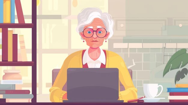 Photo flat illustration of an elderly woman using her laptop to take elearning courses