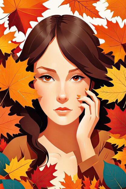 flat illustration girl surrounded in fall leaves graphic vector