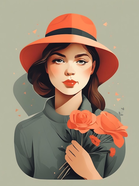 Плоская иллюстрация девушки в шляпе и с цветами в руках