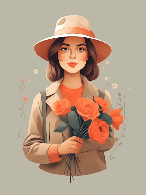 Плоская иллюстрация девушки в шляпе и с цветами в руках